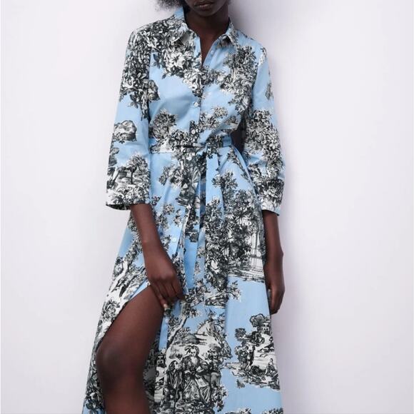 Zara Blue Black Printed Cotton Button Front Midi Dress Medium - Picture 1 of 13